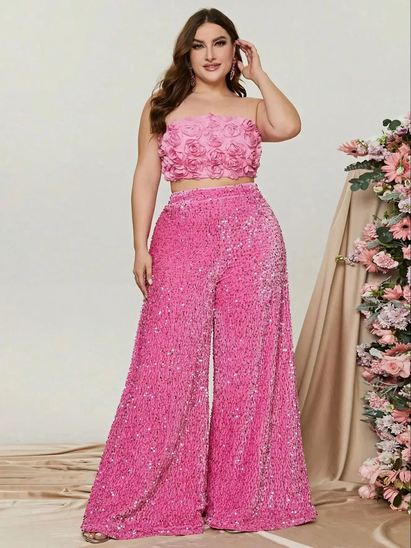 Plus Size Tube Top 3D Flower and Sequin Suit - view
