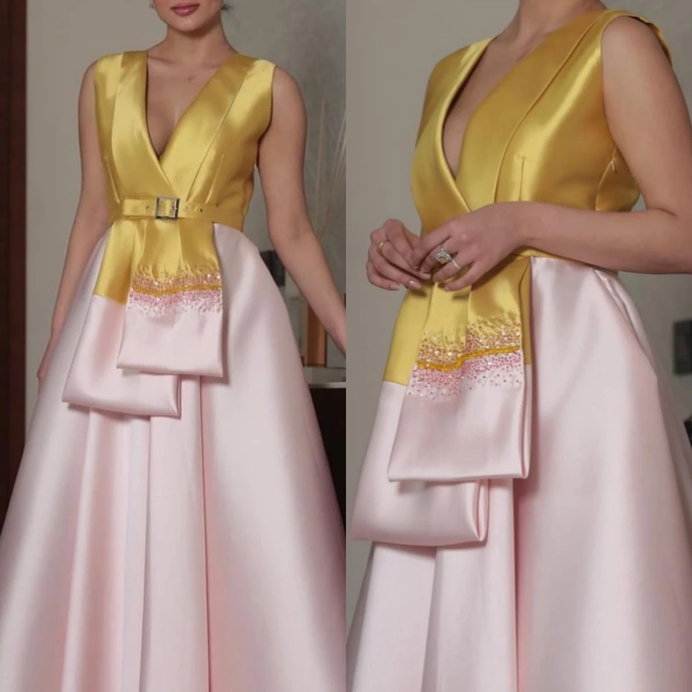 

Evening Prom Dress Saudi Arabia Satin Sash Graduation A-line V-neck Bespoke Occasion Gown Long Dresses