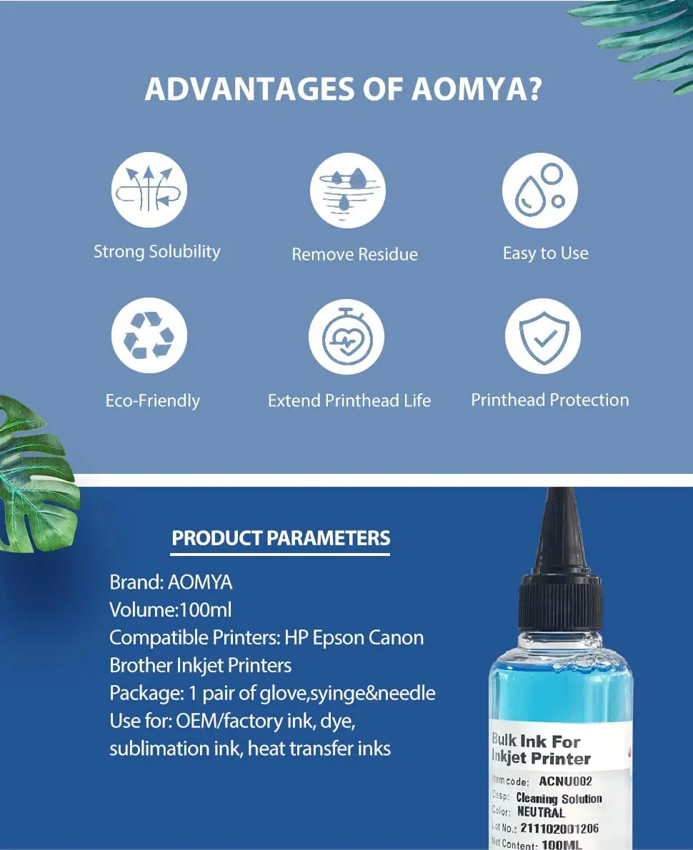 100ml Cleaning Solution Printer Ink Cleaner for Dye Pigment Sublimation DTF Ink Print Head for EPSON CANON HP Printer Refill Kit