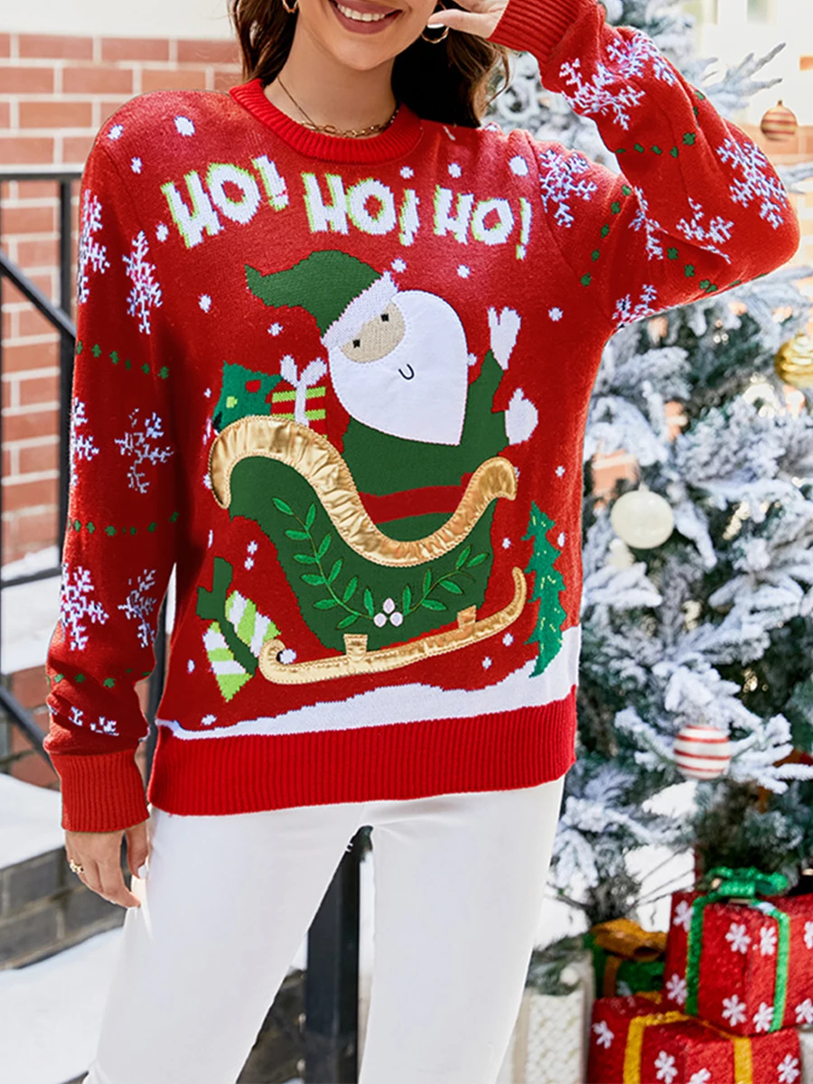 

Женский красный Рождественский свитер, вязаные пуловеры с длинным рукавом и круглым вырезом с рисунком Санта-Клауса, зимние и весенние теплые искусственные свитера