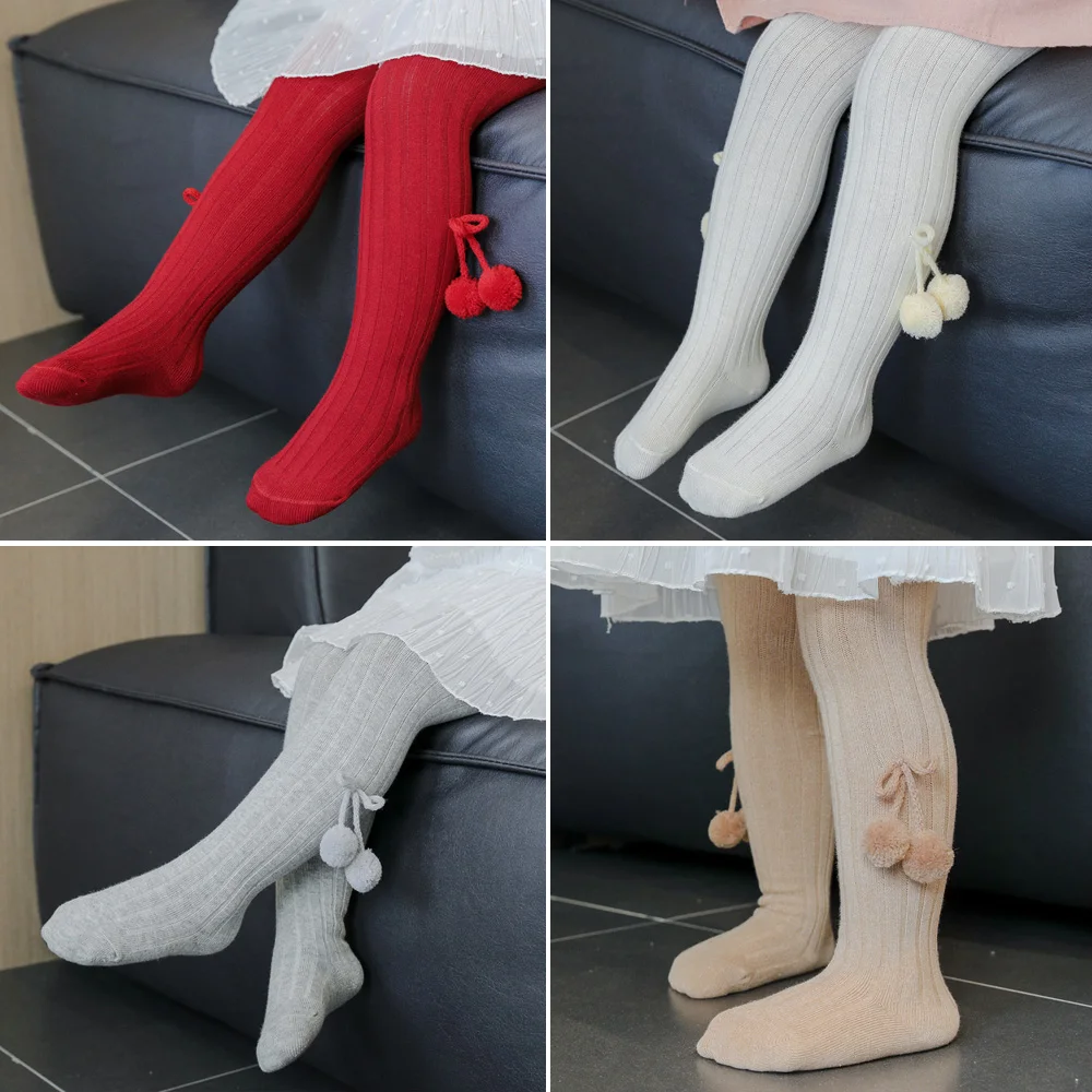 Christmas Baby Girl Pantyhose Pompom Cotton Knitted Kids Tights Autumn Winter Toddler Leggings Infant Clothes Newborn Gift 0-2Y knit tights girls pantyhose children stockings