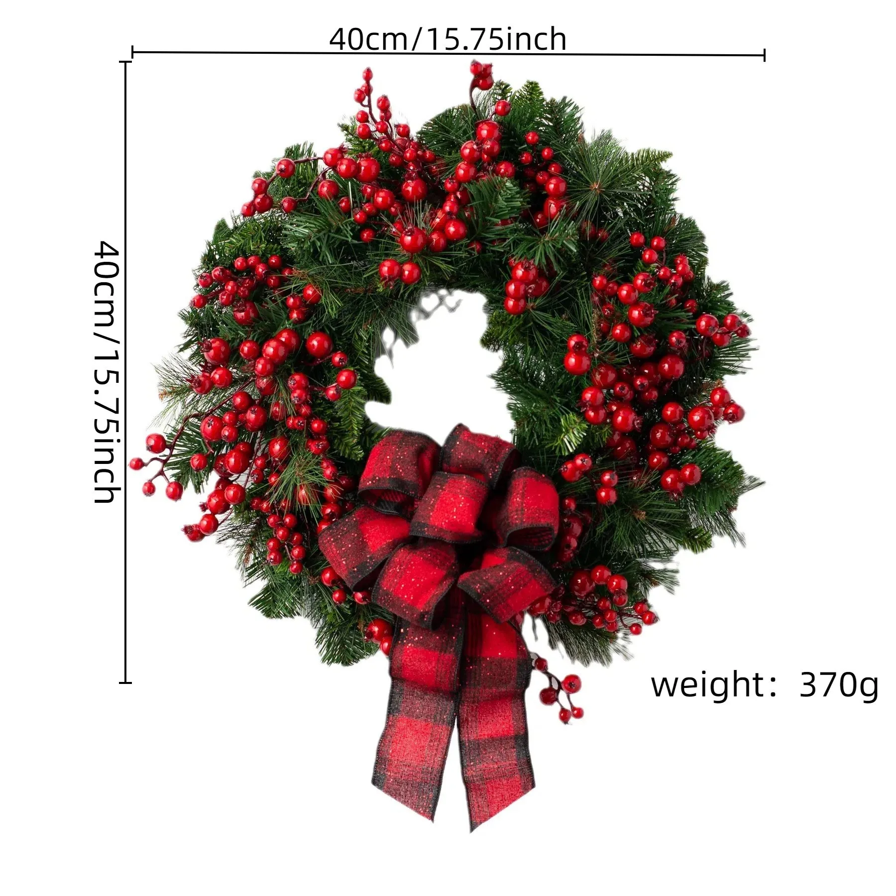 1 Stück 15,75 Zoll Weihnachtskranz mit roten Früchten, geeignet als Türdekoration, Heimdekoration, Simulationsblumenkranz_voghion.com