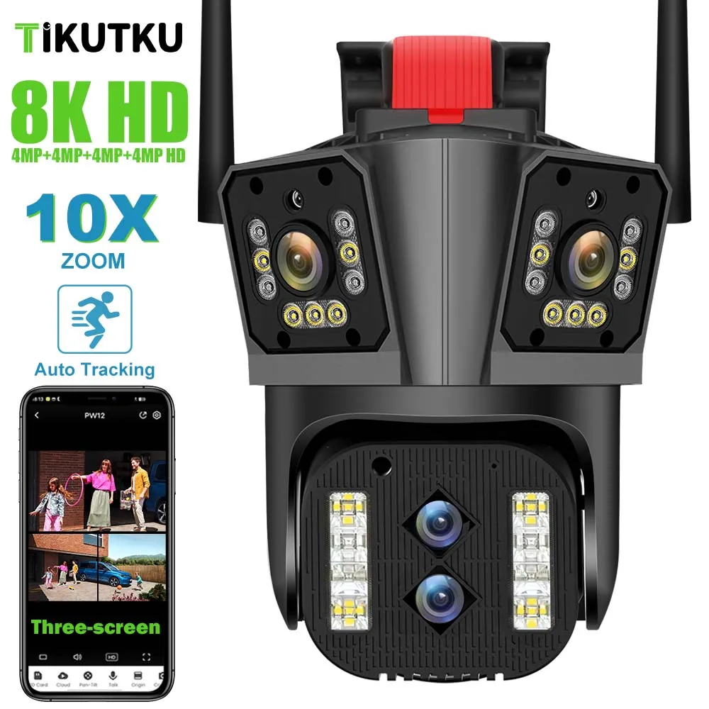 8K 16MP Security Protection WiFi Camera Outdoor Four Lens Three Screens IP Cam 10X Zoom PTZ CCTV Video Surveillance AI Tracking