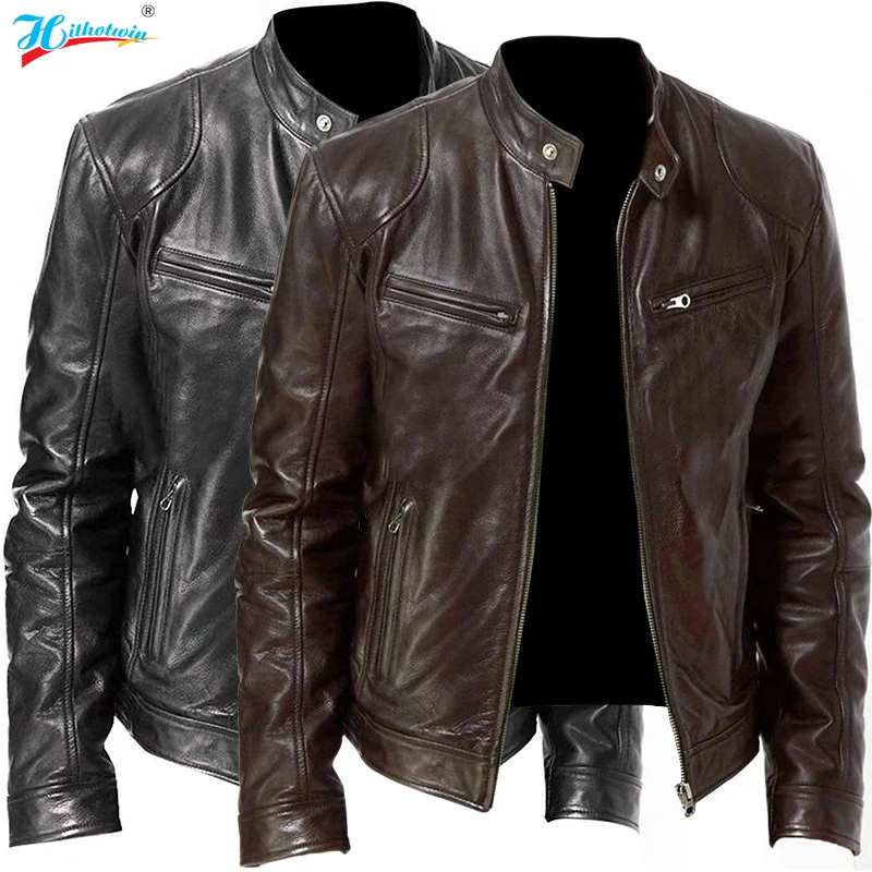 Men's Leather Jacket -  Motorcycle PU Leather Stand Collar Casual Windbreaker Slim Coat (TM3)