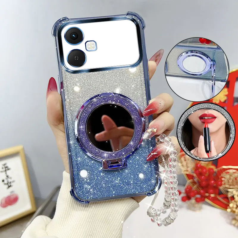 Glitter Shockproof Phone Case with Mirror Stand and Beaded Strap