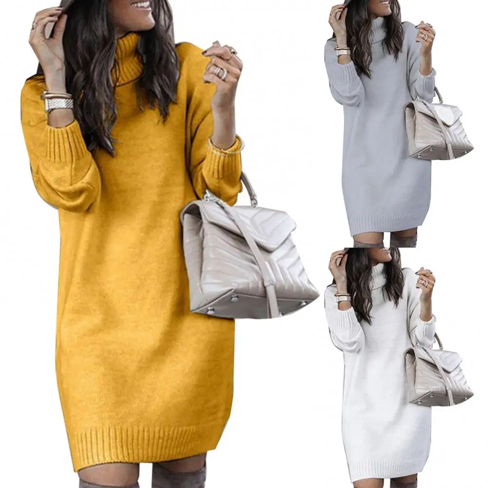 

Women Long Sleeve Knee-length Dress Loose Dress Autumn Turtleneck Warm Knitted Sweater Knee-length Dress