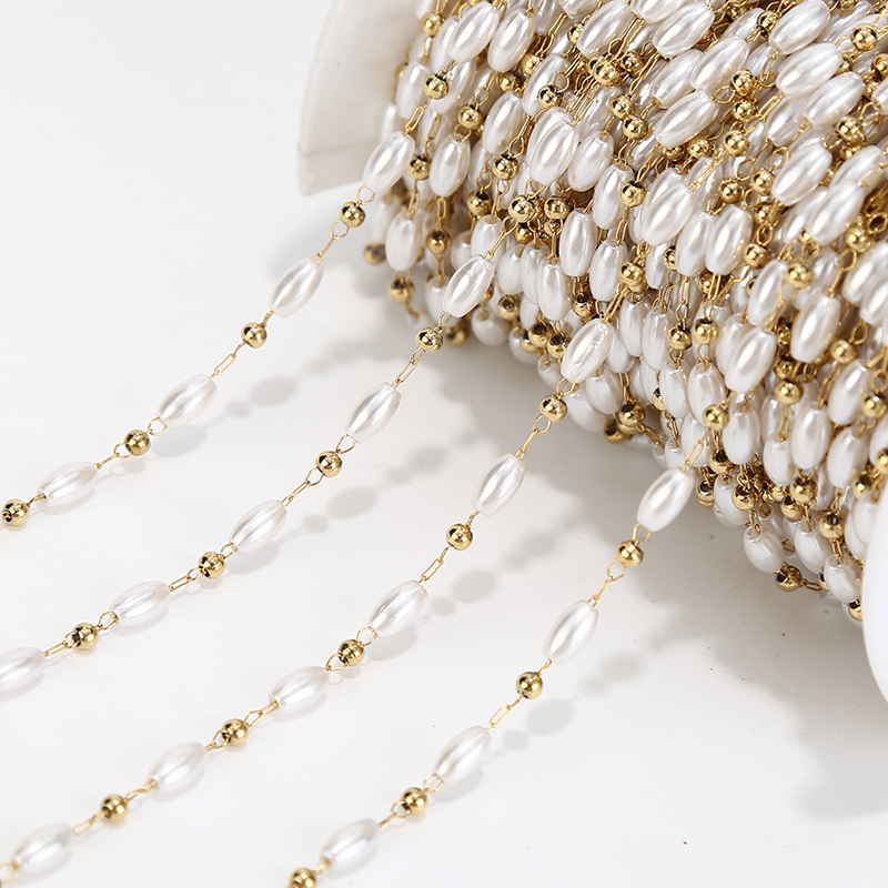 3.5MM width Stainless Steel Chains Bulk White Faux Pearl Flower Necklace Chain Roll Cross Chain for Jewelry Making