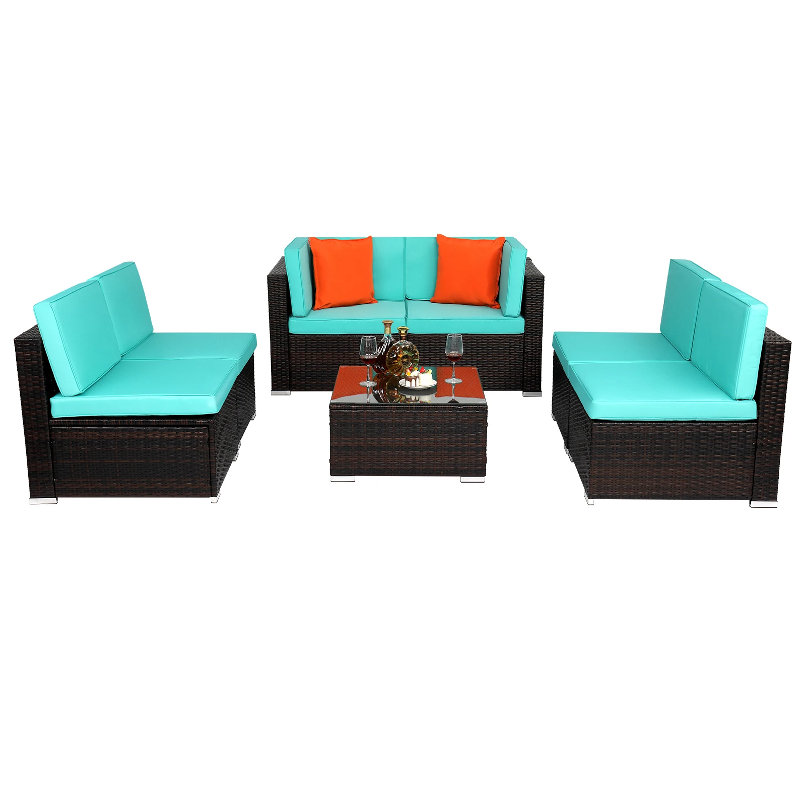 Brown Gradient Rattan Lake Blue Cushion Cushion Vacuum Packing Rattan 7 Piece Set 4