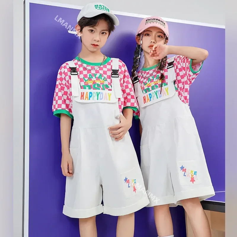 Kids Hip Hop Streetwear Plaid T Shirt White Overall Girls Jazz Dancing Costume Children Cheerleading Show Clothes 6 8 10 12 14Y