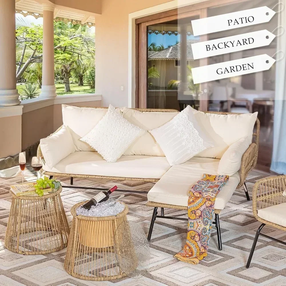 4-piece Bohemian Outdoor Furniture Set with Egg Chair and Ice Bucket, Small L-shaped Willow Conversation Segmented Sofa Set 5