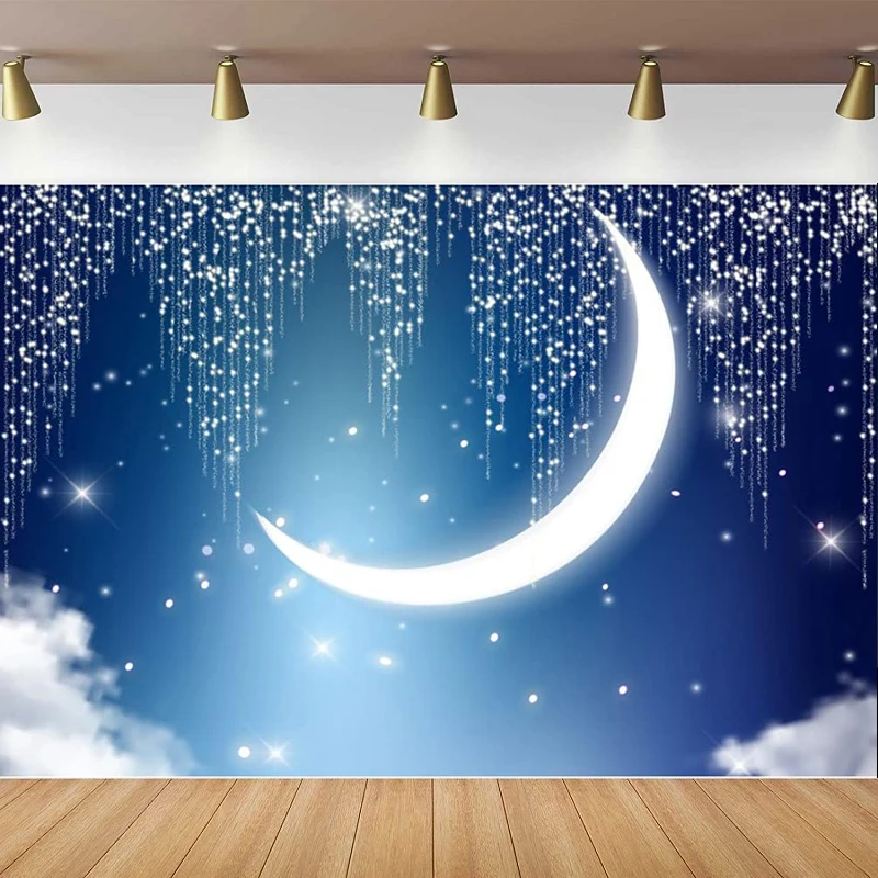 Twinkle Little Star Photography Fondale Per Crescent Shiny Star Night Sky Glitter Background Baby Shower Birthday Party Decor