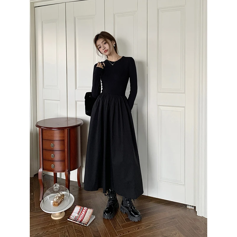 

2023 Black Vintage Maxi Wedding Dresses for Women Clothing O Neck Office Lady Casual Pockets Bodycon Midi Dress Autumn Winter