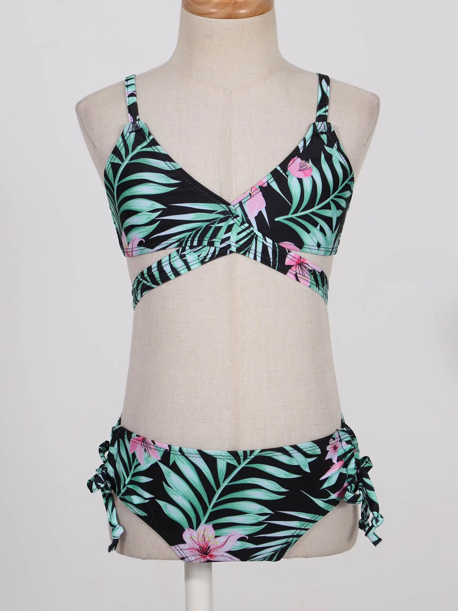 Kids Summer Bikini Swimwear Girls Print Tankini Swimsuit Adjustable Straps Bra with Low Waist Brief Beach Sunbath Bathing Suit