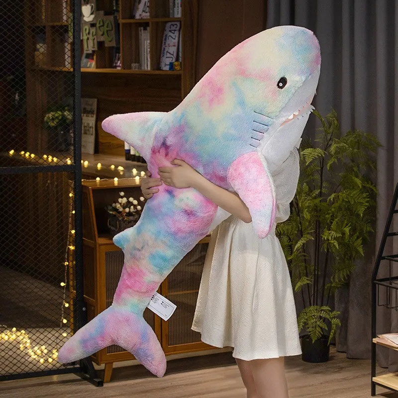 Kawaii Rainbow Colorful Plushie Shark Toys Sleeping Pillow Fish Back Cushion Doll Appease Baby Toy For Children Christmas Gifts