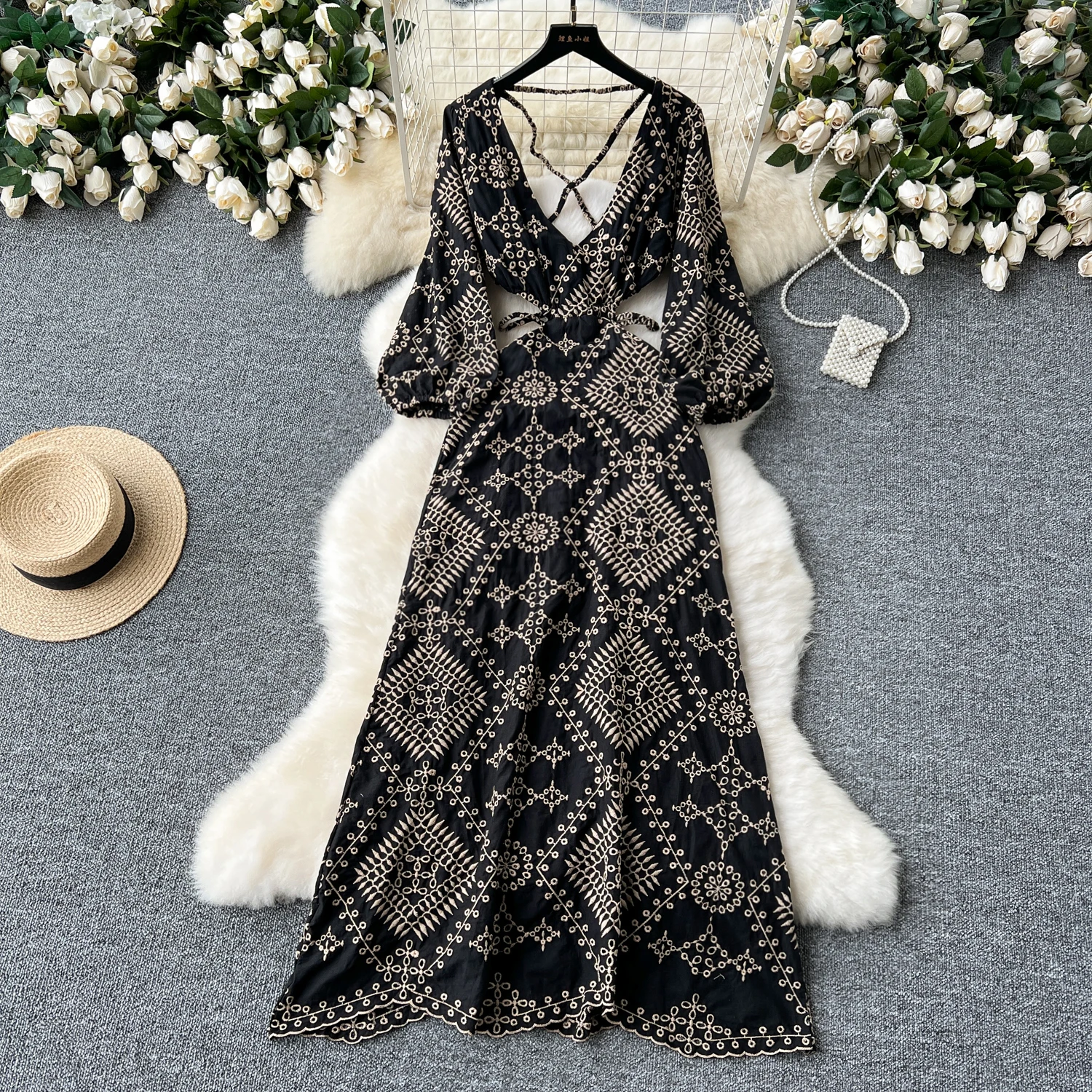 

Elegant Chic V-neck Hollow Out Embroidery Dress A-line Backless Casual Puff Sleeves Spring Summer Vacation Robe