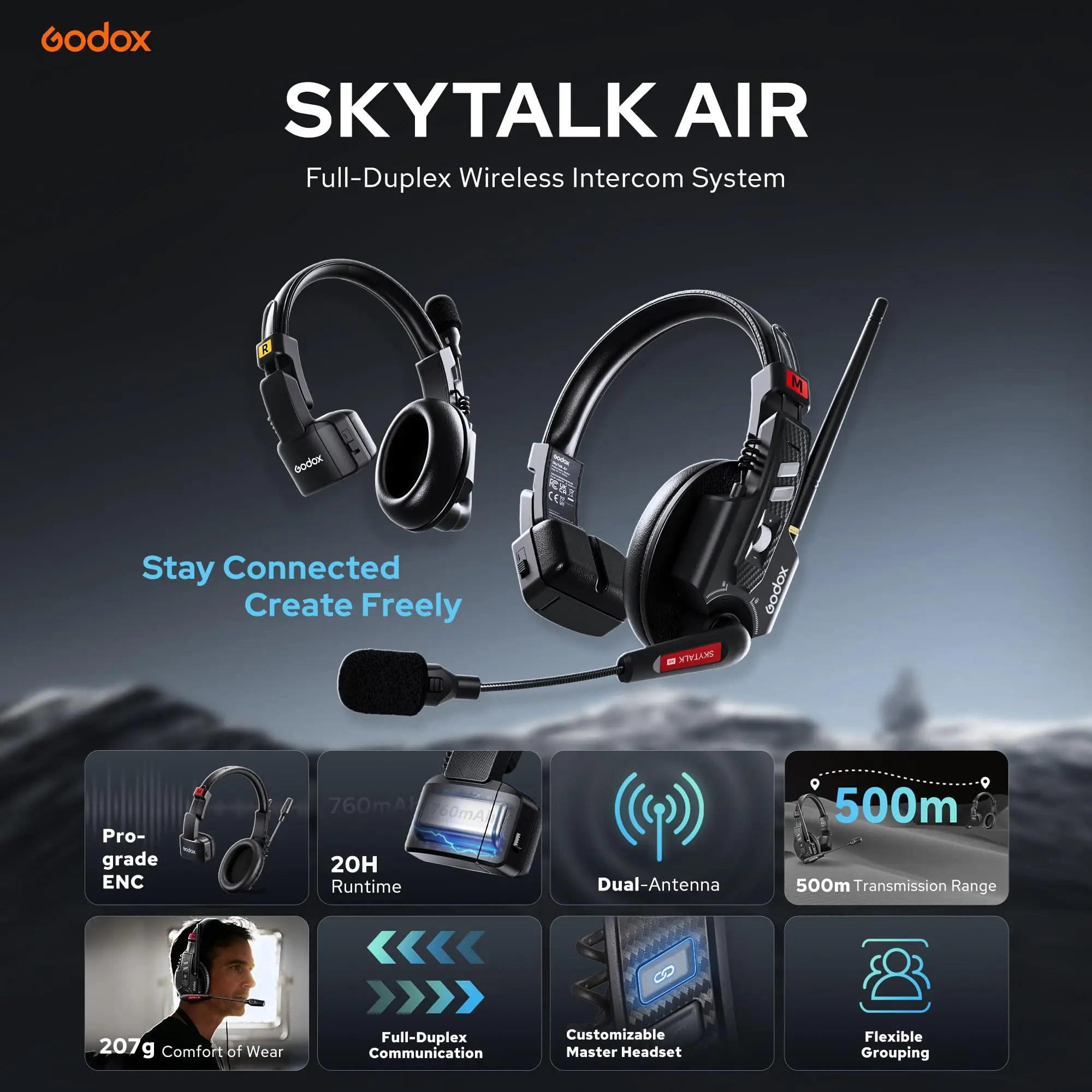 GODOX Skytalk Air 2.4G 풀 듀플렉스 무선 인터컴 시스템, 소음 없는 디자인, 20시간 배터리 수명