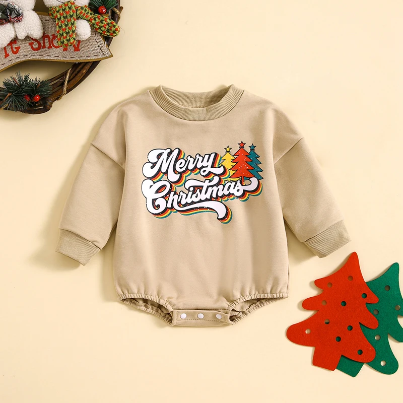 

2023-09-21 Lioraitiin 0-24M Baby Girls Boys Christmas Romper Long Sleeve Crew Neck Tree Letters Print Fall Bodysuit Clothes