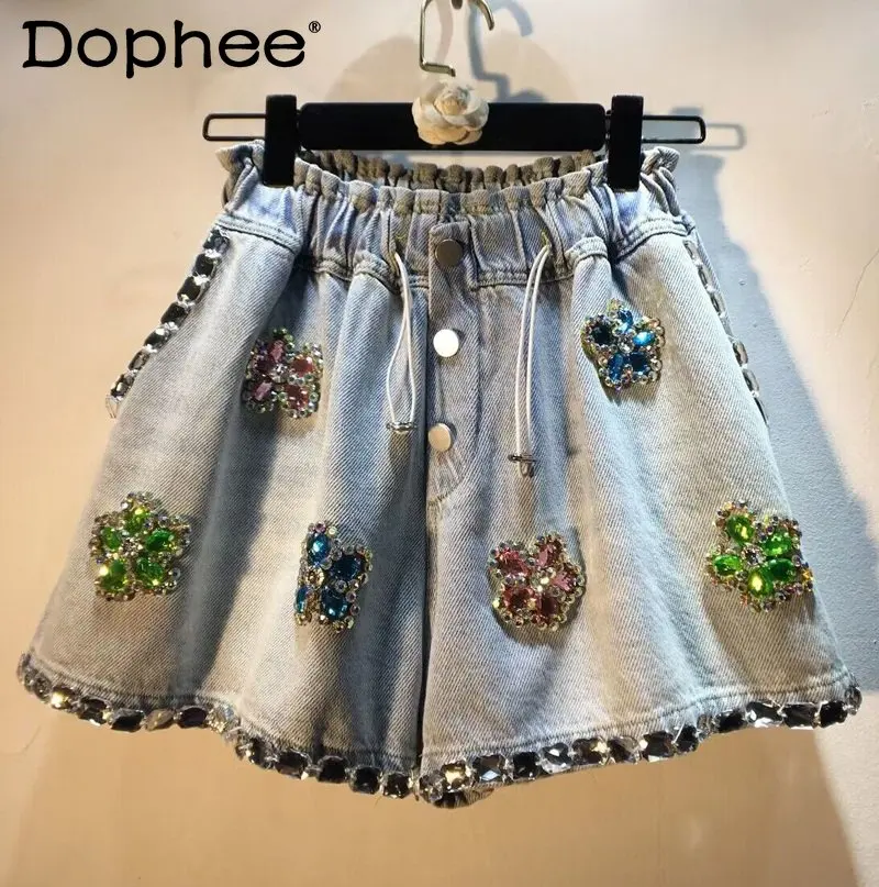 

Exquisite Rhinestone Beaded Flower Drawstring High Waist Slimming Wide-Leg Denim Shorts Female Jeans Shorts 2023 Summer Bottoms