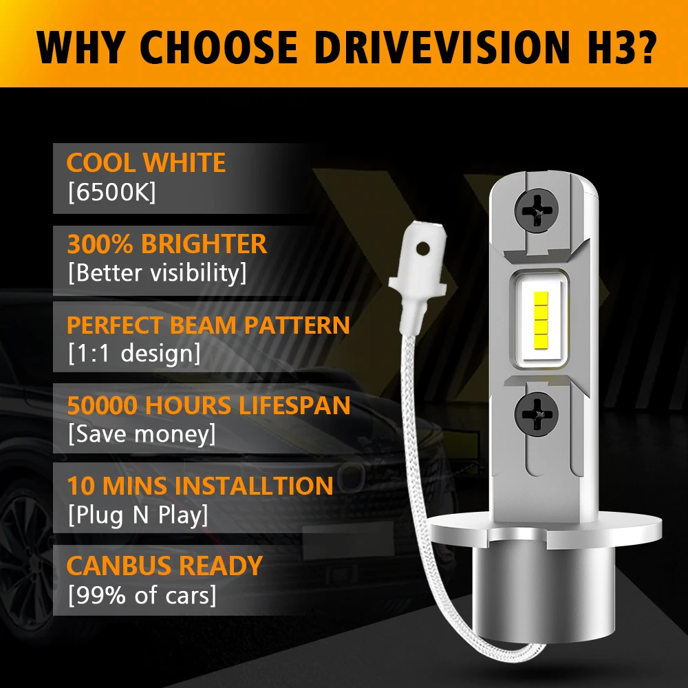 MZGN 2Pcs H3 LED Headlight Bulb Canbus No Fan High Beam 6000K White Yellow Car LED Fog Light Driving Lamp DRL 12V Mini Design