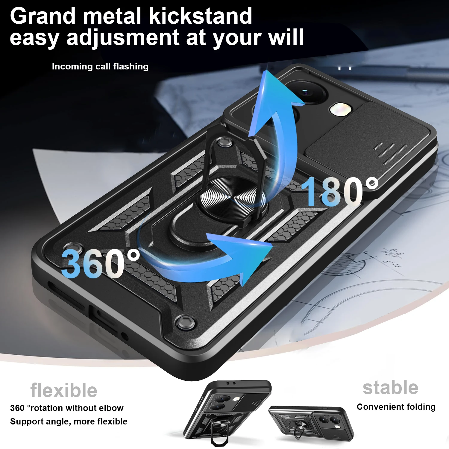 Armor Slide Camera Lens Protection Back Cover with Ring Stand - Shockproof Case