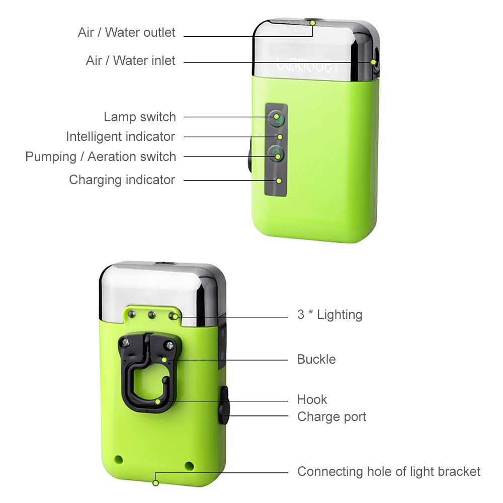 Portable 3-in-1 mini oxygen pump with air stone tube sensing USB charging automatic water pump LED lighting for outdoor fishing