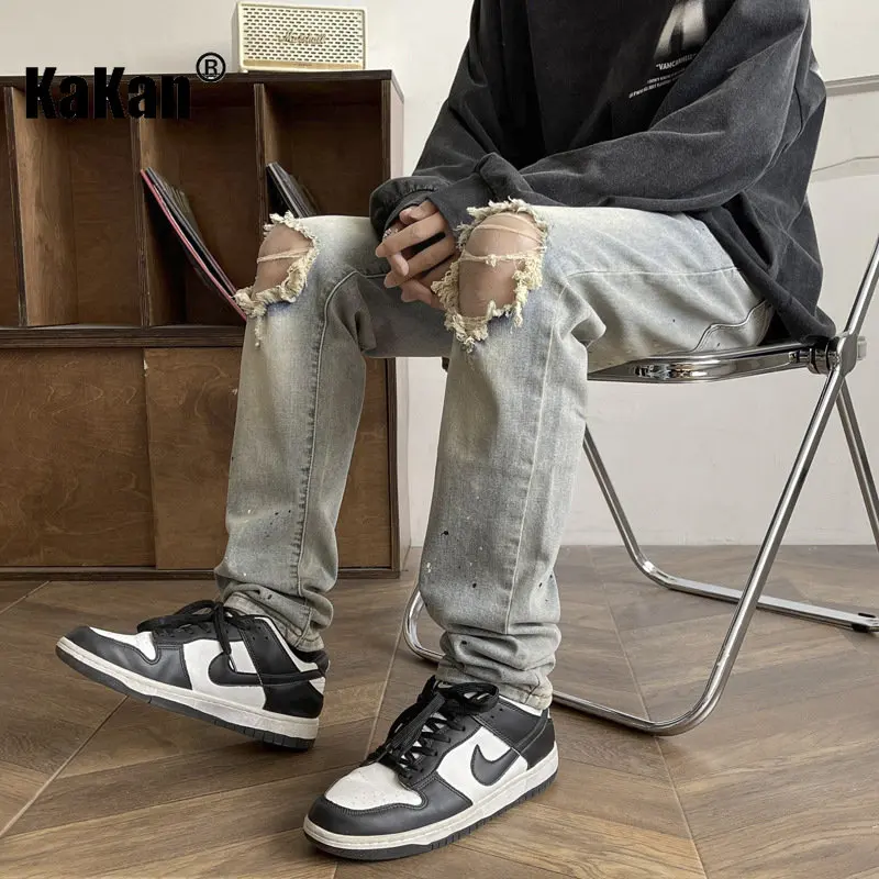 Kakan - Spring/Summer New Speckled Ink Jeans Men's Wear, High Street Perforated Straight Loose Fit Jeans K024-LQS720