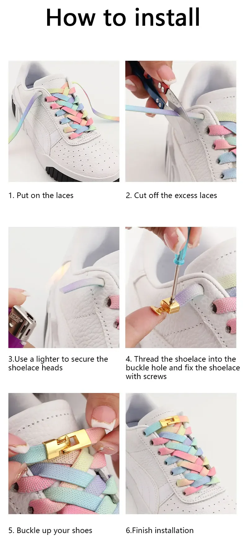 Bunte Regenbogen-Kreuzverschluss-Schnürsenkel Elastische Flache Schnürsenkel ohne Binden für Sneaker Kinder & Erwachsene Schuhbänder – Detail 7
