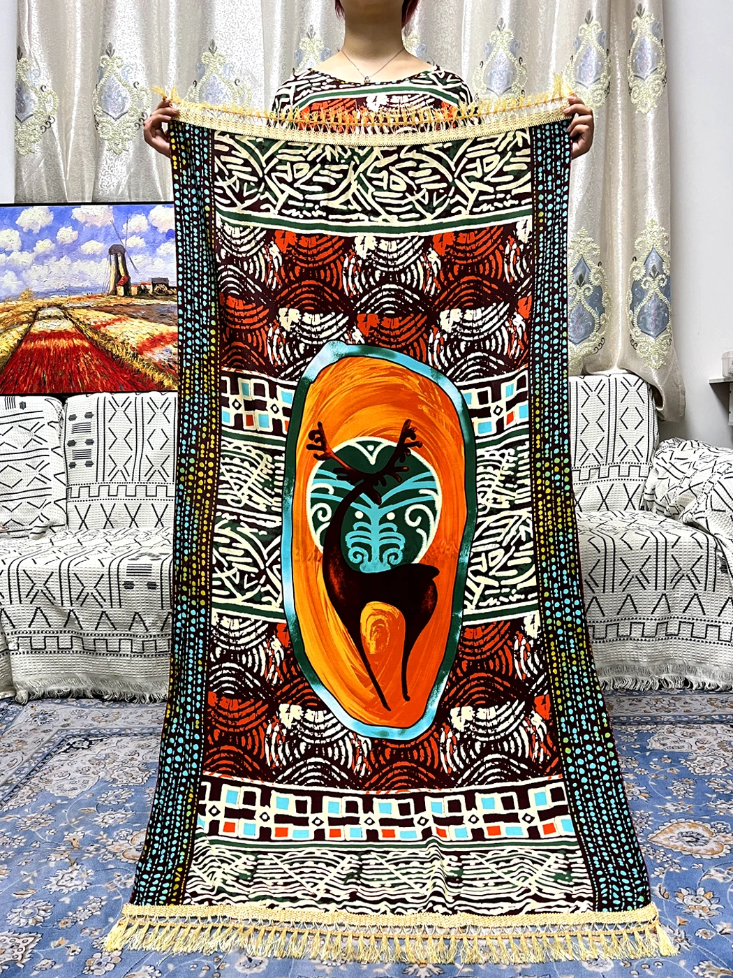 

Muslim Fashion Abayas For Women 2023 Printed Deer Pattern Cotton Fabric African Islam Nigeria Dresses With Big Lace Shawl Scarf