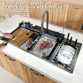 สแตนเลสใหม่น้ําตกอ่างล้างจานดิจิตอลจอแสดงผลล้างจานอ่างล้างจานพร้อมDraining Rackนูนขนาดใหญ่พิเศษช่องเดียว 2