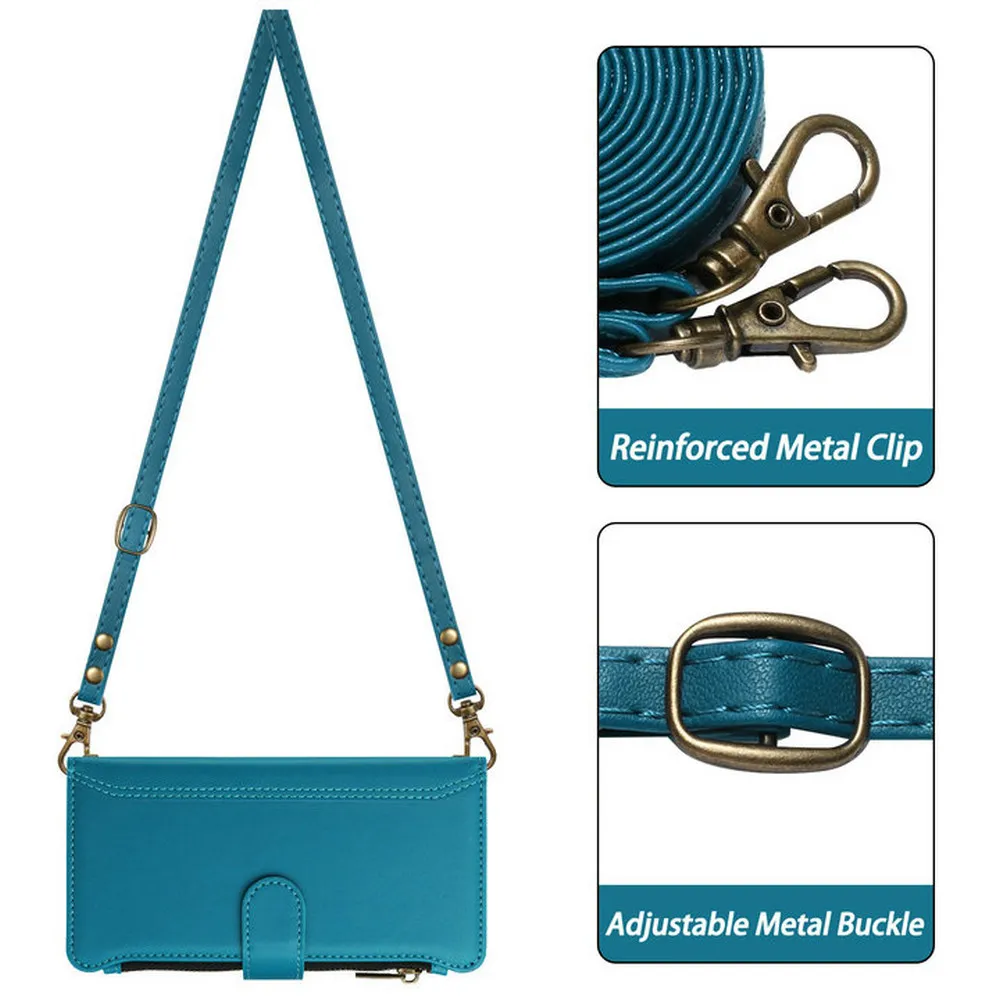 Crossbody Leather Zipper Wallet Case with 9-Card Holder and Flip Cover