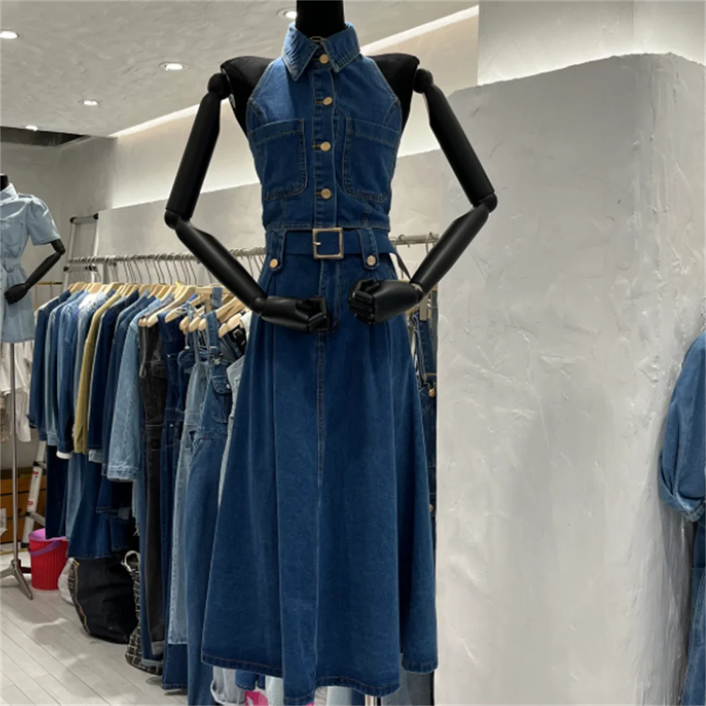 

Lapel denim neck vest Sleeveless top skirt high waist dress two sets jeans women suit belt