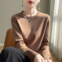 Spring Autumn 100% Cotton Long-Sleeved T-Shirt Women's Round Neck Mercerized Cotton Bottoming Shirt Loose Top - Image 2