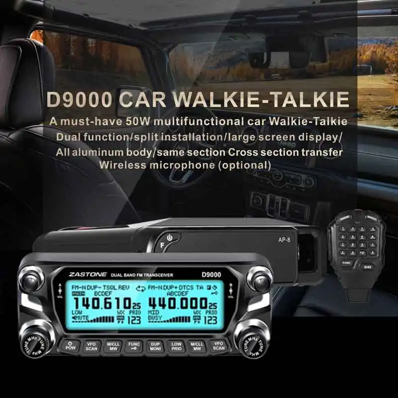 Zastone D9000 kocsi walkie Hangosfilm  Rádióadó Megállóhely 50W UHF/VHF 136-174/400-520mhz Két Mód Rádióadó Sonka HF Adóvevőkészülék