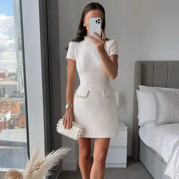 Talenza Women's Elegant Tweed A-Line Dress Solid Slim Fit Y2k Short Sleeve Dress Retro O-Neck Patchwork Luxury Evening Dress 5