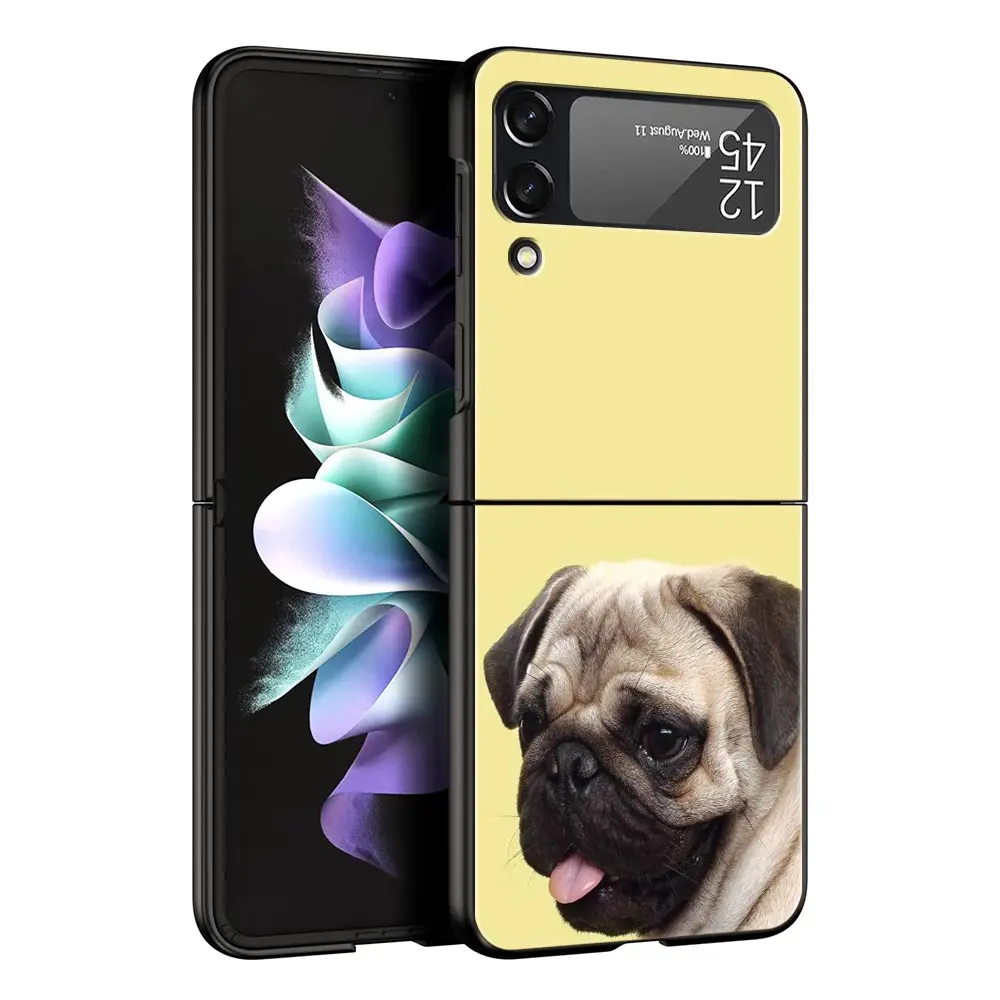 Folding Black Shell Phone Case with Cute Pug Design - PC Hard Cover