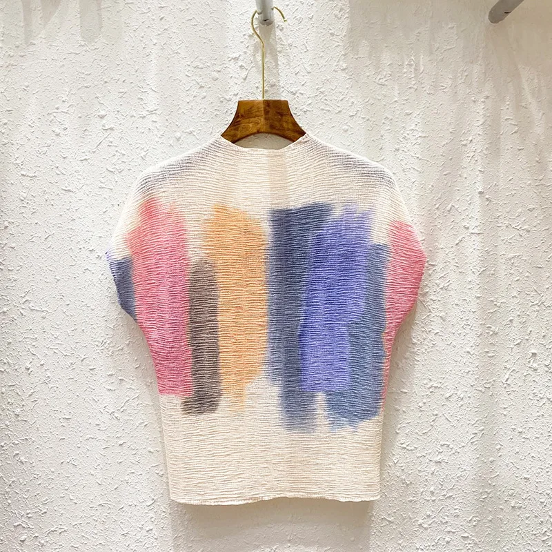 

Summer fashion pleated short sleeve printed T-shirt top