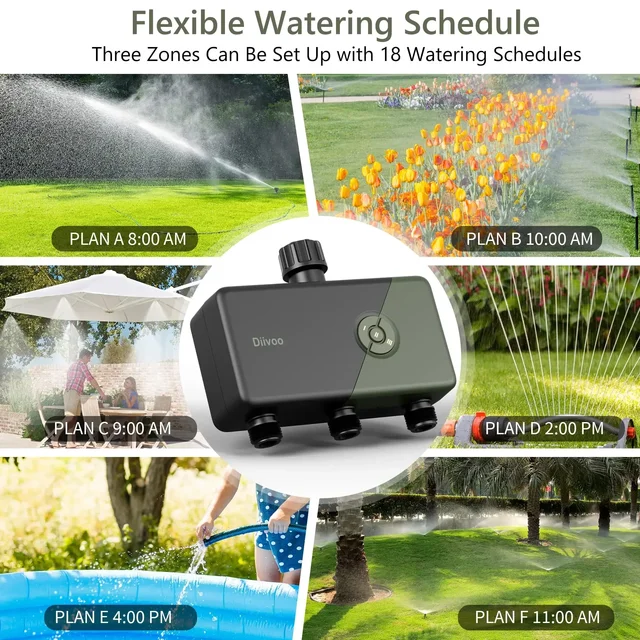 Diivoo WiFi Sprinkler Timer 2/3 Zone with Rain Delay, Remote Control Garden Irrigation Timer Compatible with Alexa and Google 5