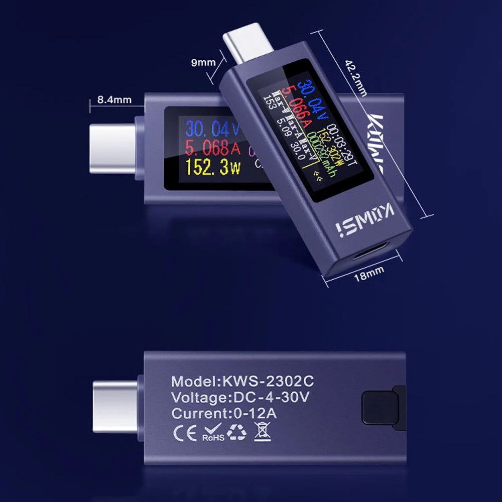 KWS-2301C KWS-2302C 다기능 디지털 디스플레이 DC 전압 전류 측정기 전력계 전화 충전 테스터 Type-C