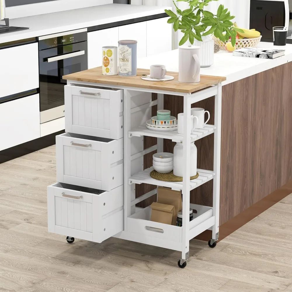 Kitchen Storage Island Cart on Wheels, Kitchen Rolling Trolley Cart with 3 Drawers and Shelves, 360&deg; Wheels & Detachable