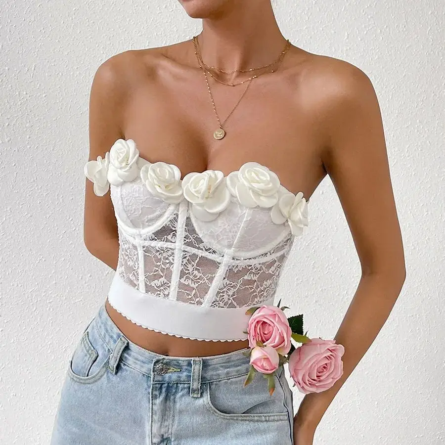 

Sleeveless White Tops Camisole Women Elegant Flower Hollow Out Bustier Crop Top Back Buckle Slim Corset Tank Top Party Club Vest