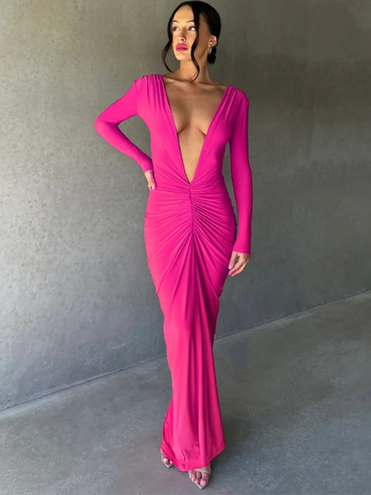 

Women Summer Solid Dress Elegant Casual Fashion Office Lady Sexy V Neck Slim Pleated Solid Color Long Sleeve Dress New 2023