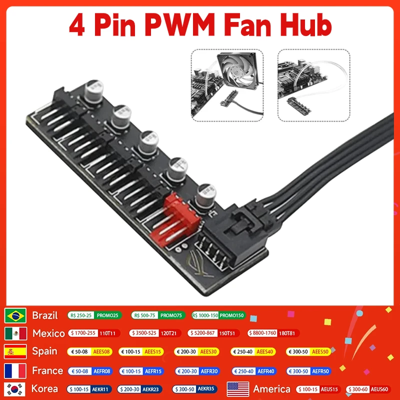 5 Port PC Fan Hub Splitter Speed Controller Adapter