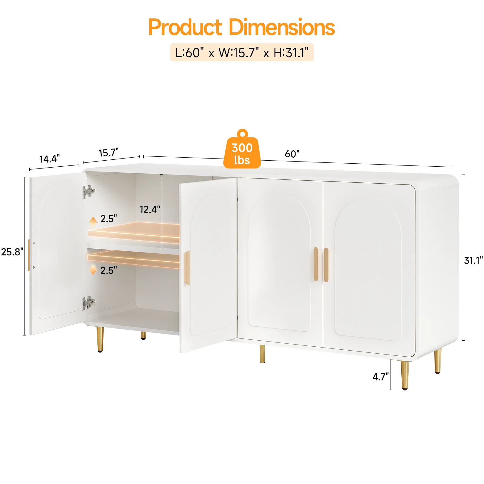 60" Sideboard Buffet Cabinet with Storage, Curved Design Cabinet with 4 Doors & Adjustable Shelves Modern Console Table 2