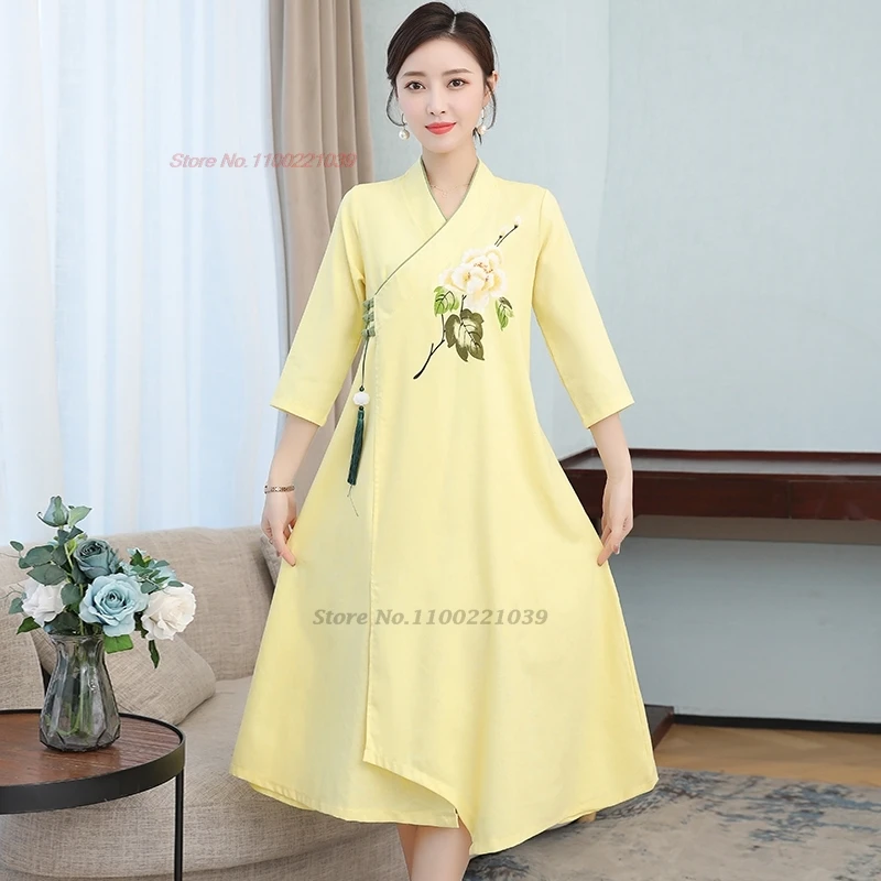 

Китайское винтажное платье, улучшенное платье-трапеция qipao с национальным цветочным принтом, этническое платье для медитации, восточное платье ханьфу, 2024