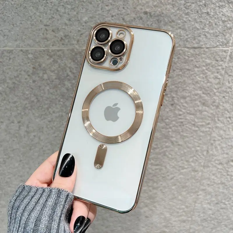 Magnetic For Magsafe Wireless Charge Clear Case For iPhone 14 13 12 11 Pro Max X XR XS 8 Plus Luxury Plating Soft Silicone Cover