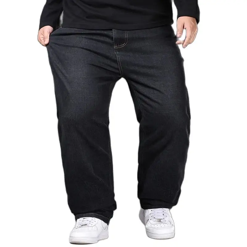 سراويل جينز غير رسمية للأعمال مقاس 40-50، ساق مستقيمة عالية الخصر، فضفاضة ومرنة قليلاً، جينز مريح للرجال بمقاس كبير