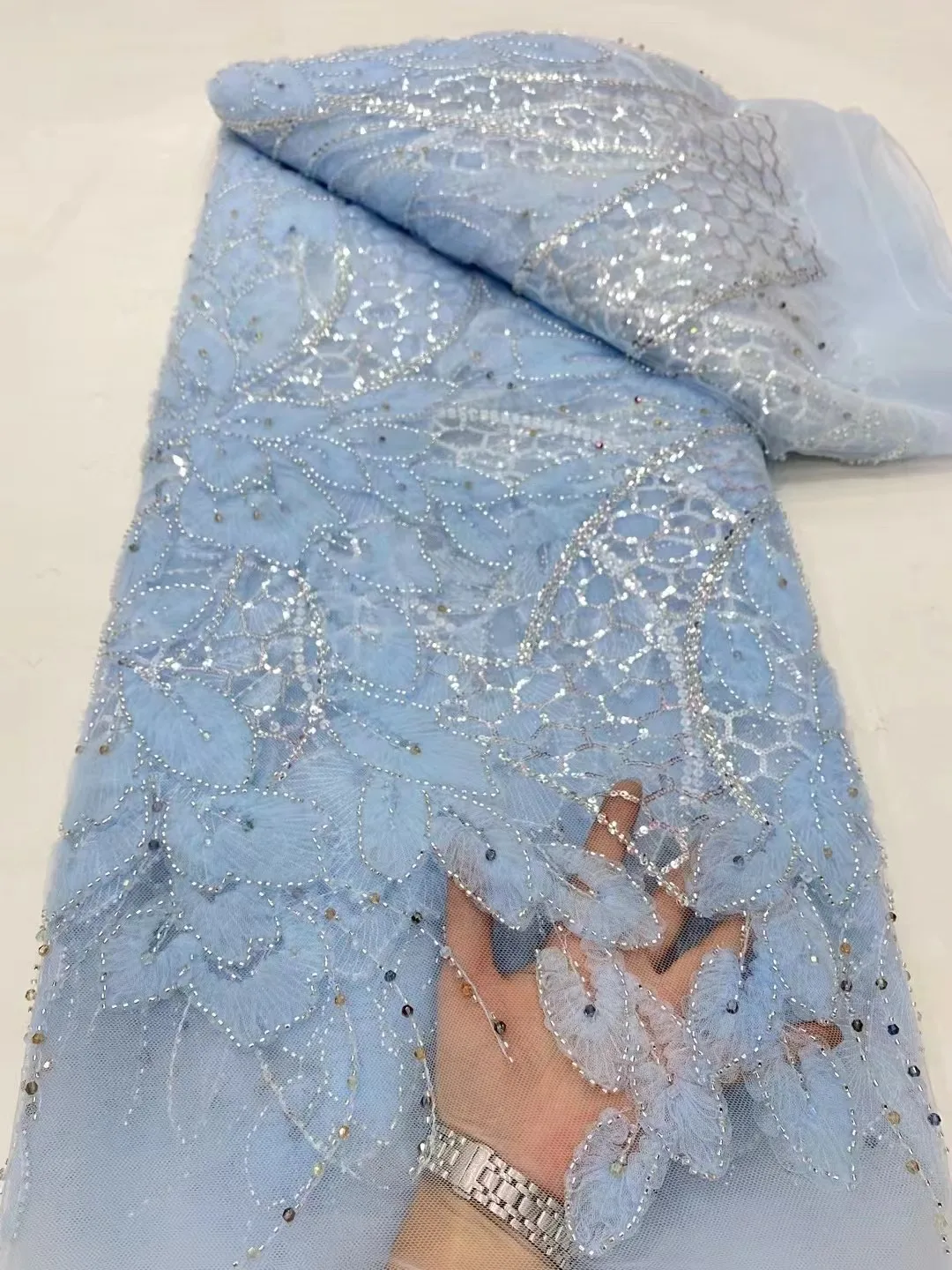 

White Luxury Nigerian Handmade Beads Lace Fabric 2024 High Quality Sequins Embroidery African French Net Lace Fabric For Wedding