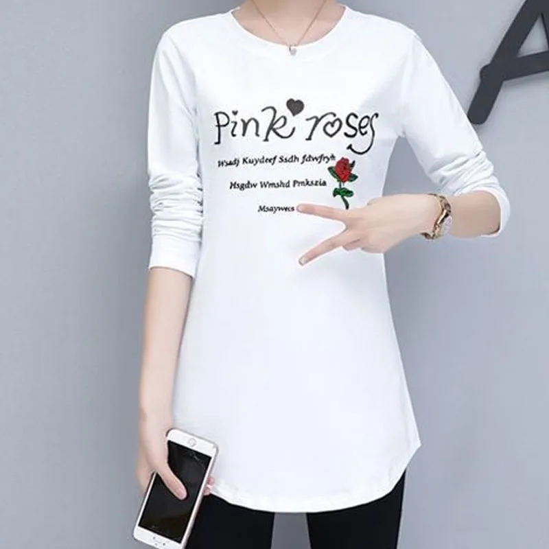 

2023 New Spring and Autumn Fashion Mid Length Round Neck Solid Letter Printing Versatile Casual Simple Commuter Long Sleeve Top