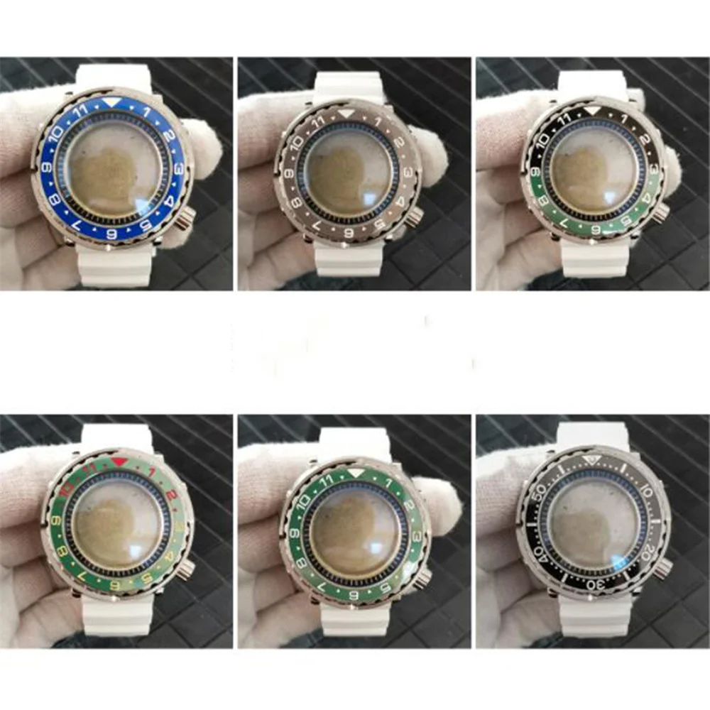 

45mm Men Tuna Can Watch Parts 4.2 Position Crown Diving Case Mineral Glass Ceramic Bezel Black Inner Ring For NH35/NH36 Movement