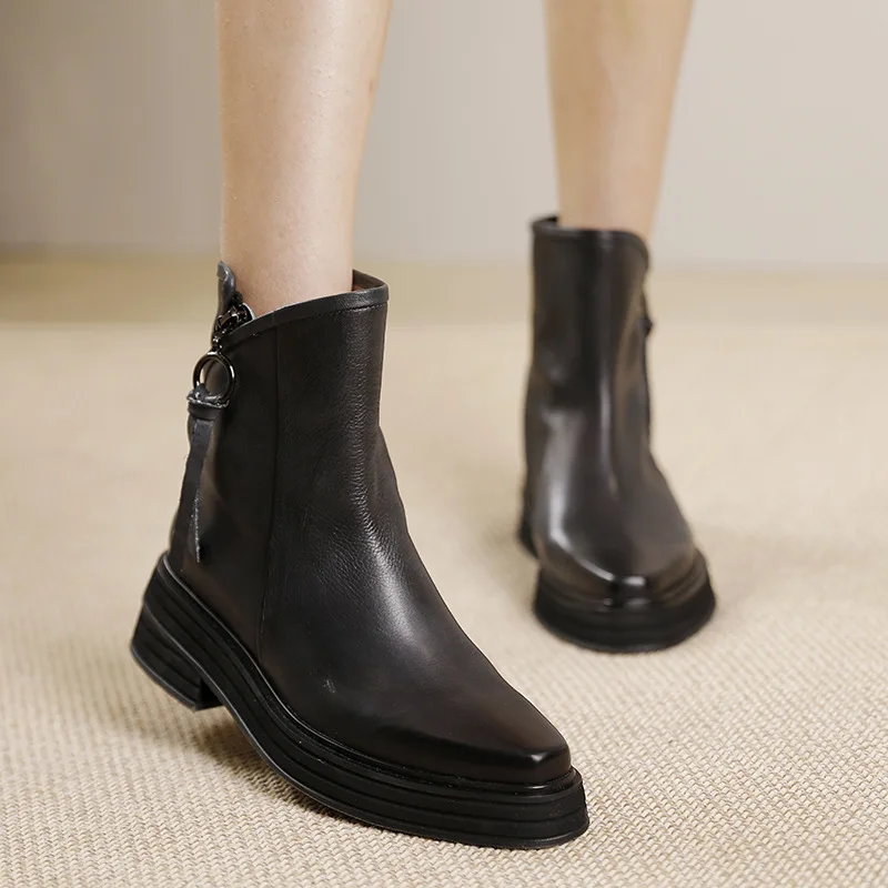 

Birkuir Retro Thick Heel Women Ankle Boots Side Zippers Genuine Leather Luxury Pointed Toe Ankle Boots Ladies Single Shoes